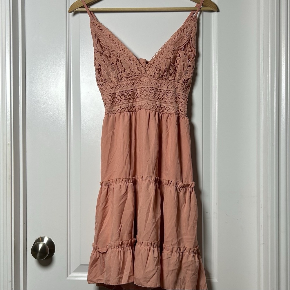 Ecowish Blush Pink‎ Crochet Lace Cutout Tiered Ruffle Mini Dress Boho Style